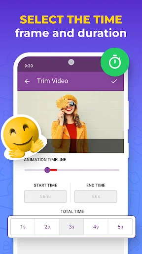 Video trimming interface with timeline slider and duration selector to select time frame for animated stickers