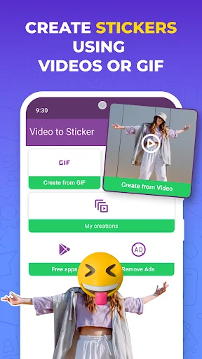 Video to Sticker Maker main menu with options to create animated stickers from videos or GIFs