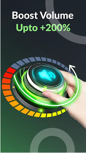 Hand adjusting glowing green volume control knob demonstrating boost volume feature up to 200 percent amplification enhancement