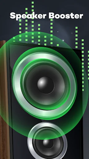 Speaker booster interface displaying green frequency equalizer visualization with dynamic audio amplification waveform bars