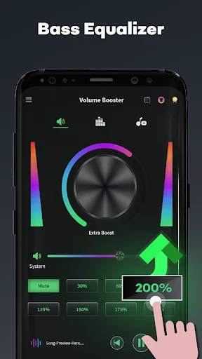 Bass equalizer app screen showing volume dial, colorful frequency sliders, and 200 percent volume boost level control adjustment
