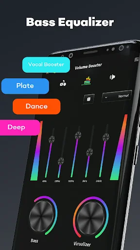 Bass equalizer preset options including Vocal Booster, Plate, Dance, and Deep sound modes with frequency adjustment sliders