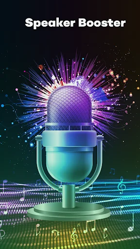 Speaker booster visualizer featuring illuminated microphone with colorful audio frequency wave energy visualization effects