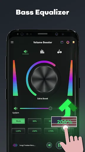 Bass equalizer app interface displaying frequency adjustment sliders, volume controls, and 266 percent sound amplification boost
