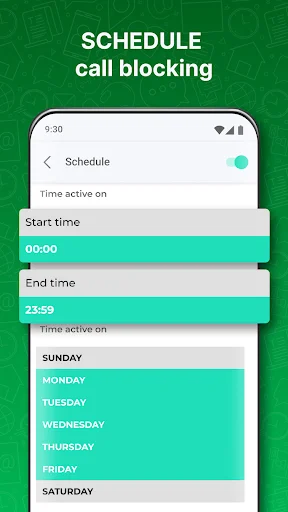 Schedule call blocking feature with time selection and weekday options for automated spam call protection