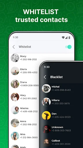 Whitelist trusted contacts and blacklist spam callers interface showing contact management for call blocking