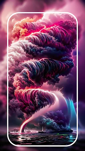 4K fantasy wallpaper showing dramatic purple tornado clouds over water displayed on smartphone screen