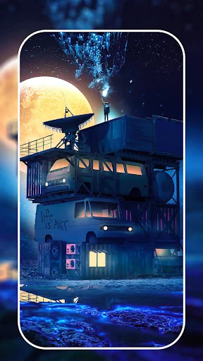 Sci-fi themed 4K wallpaper featuring futuristic building with satellite dish under starry sky on phone