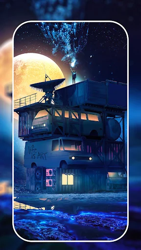 Sci-fi themed 4K wallpaper featuring futuristic building with satellite dish under starry sky on phone