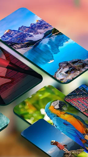 Collection of nature 4K wallpapers including mountains, parrots, and landscapes on various phone displays