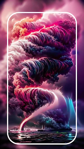 4K fantasy wallpaper showing dramatic purple tornado clouds over water displayed on smartphone screen