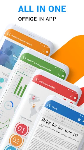 Word Office app showing all-in-one office suite with DOCX, PDF, Excel, and PowerPoint documents in colorful interface