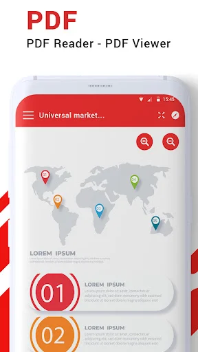 PDF reader and viewer showing world map with location markers and numbered sections in mobile office app