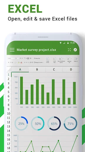 Excel spreadsheet viewer with green bar charts and percentage pie charts - edit and save XLS files on mobile