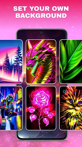 Zip Lock background customization with phone displaying six vibrant wallpaper options including neon and nature themes