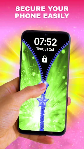 Hand holding phone secured with Zip Lock blue zipper lock screen design on green nature background with bokeh effects