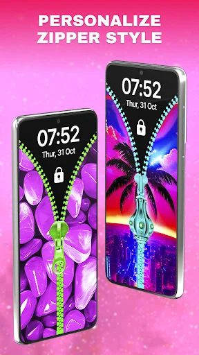 Zip Lock personalization showing two phones with different zipper styles: purple floral and neon city designs