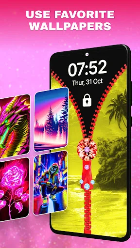 Zip Lock favorite wallpaper feature showing lock screen with yellow background, pink zipper, and wallpaper gallery options