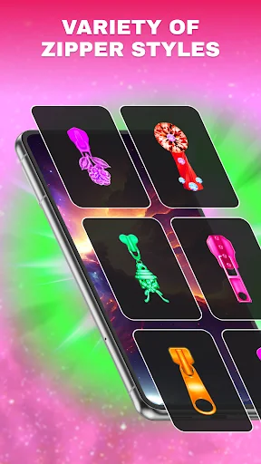Variety of neon-colored zipper styles displayed as lock screen design options in Zip Lock app