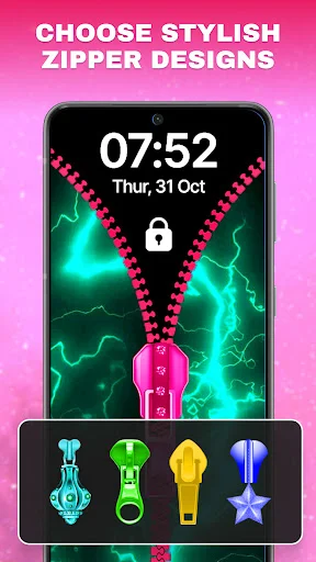 Zip Lock app displaying pink zipper lock screen design with time display, lock icon, and four colorful zipper style options