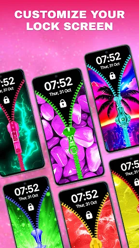 Zip Lock personalization showing customized lock screens with vibrant zipper designs in multiple color themes